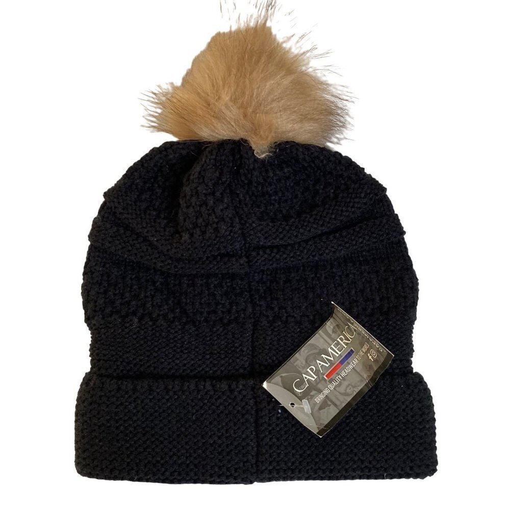 No Filter Hat Black Knit Beanie Faux Fur Pom Pom Fleece Lined New With Tag - Picture 3 of 5